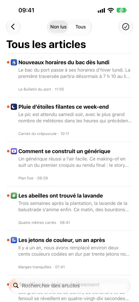 La liste des articles